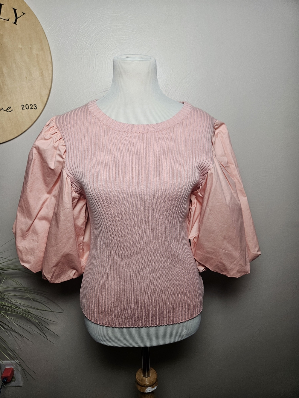 BiBi Light Pink Ribbed Knit Top with Puff Sleeves